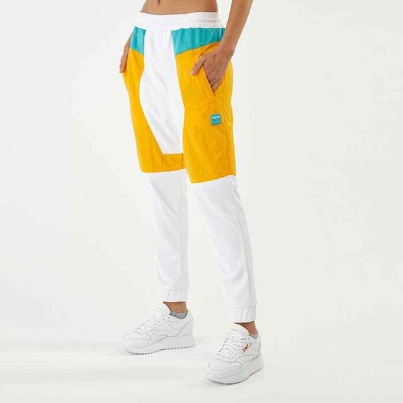Reebok Gigi Hadid Track Pants Women L Yellow‎ White Colorblock Retro Joggers NWT - Picture 1 of 8